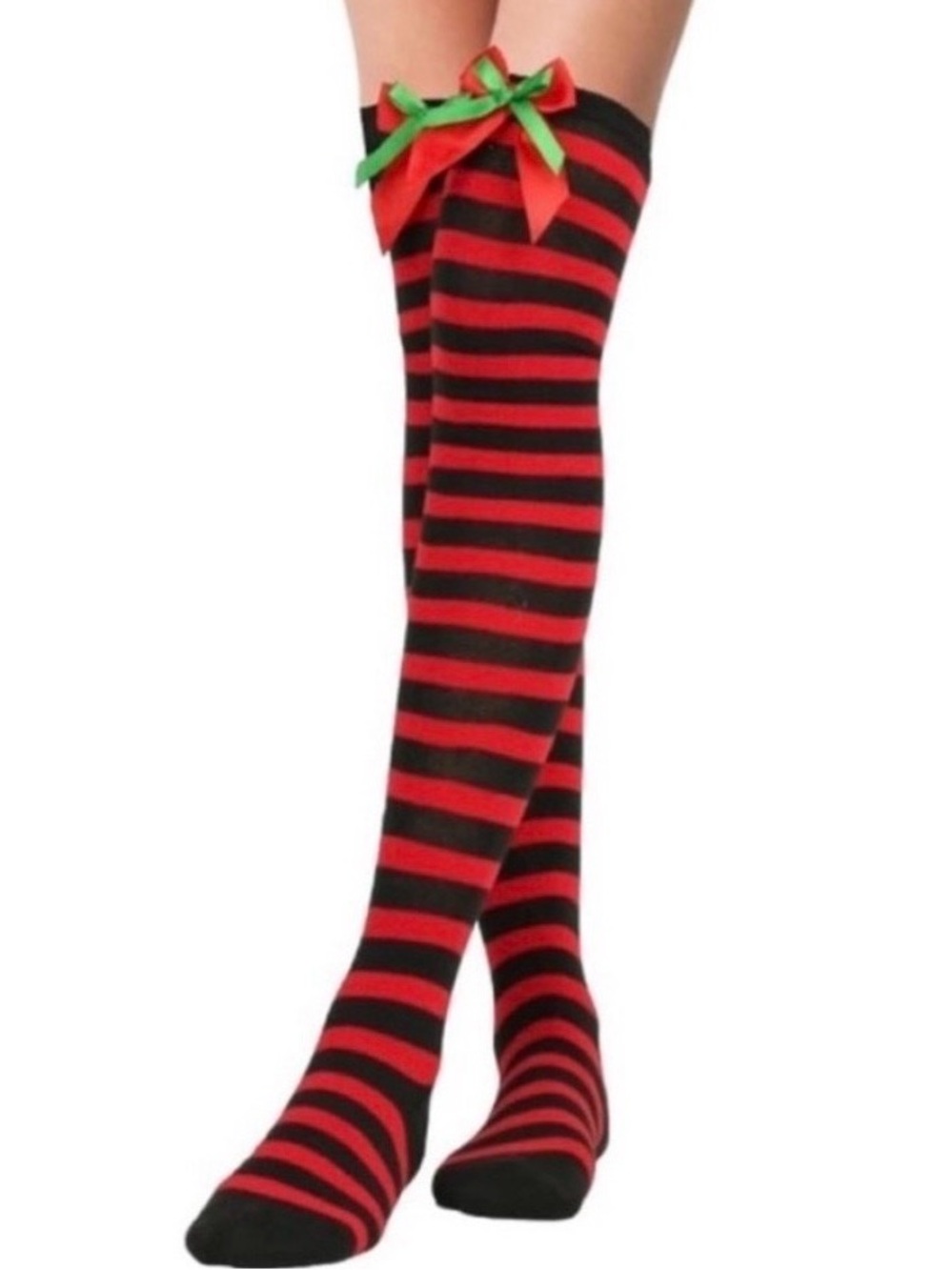 💞 New Women’s One Size Red & Black Striped Thigh-High Christmas Socks with Bow